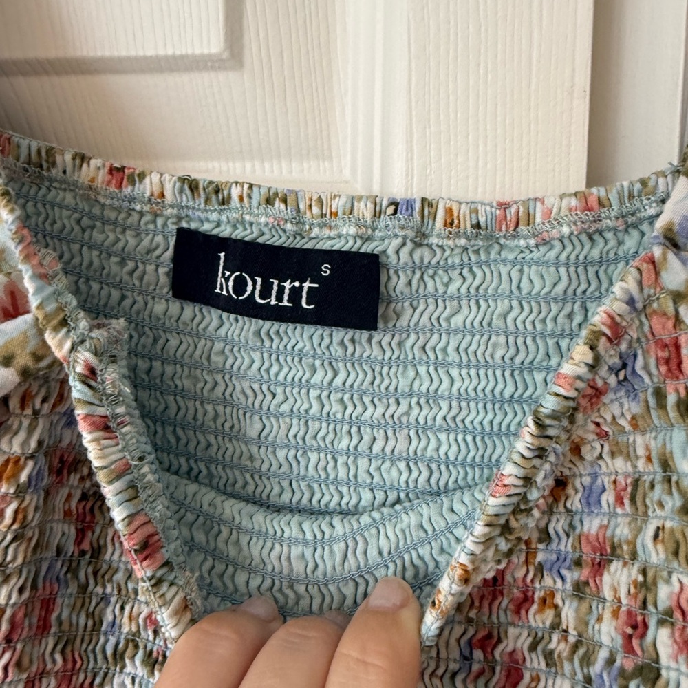 Kourt Portia Blue Floral Square Neck Smocked Dress Small - Picture 2 of 6